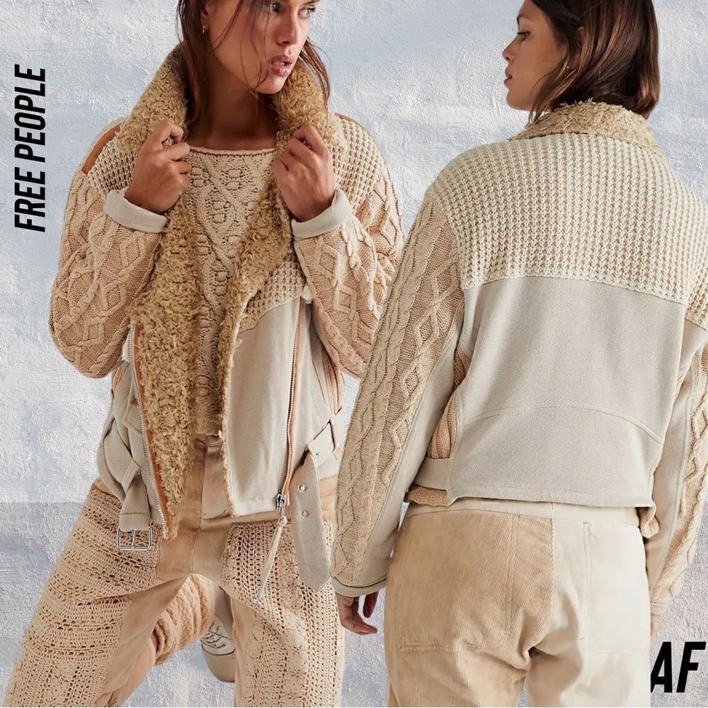 FREE PEOPLE COZY KNIT MIX MOTO JACKET NWT SIZE LARGE CREAM TAN